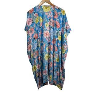 Ann Taylor Loft Kimono Women M/L Blue Floral Cover Up Coastal Boho Festival